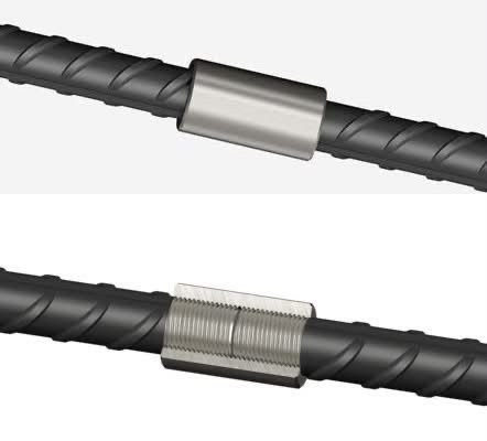 Unión de varillas con conector mecánico: vista exterior y corte de la rosca interior